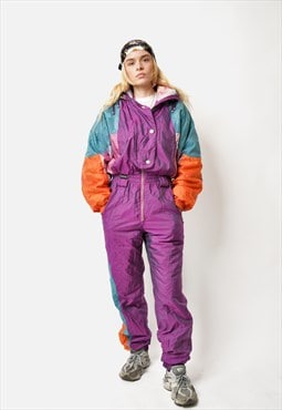 Vintage 80s winter warm ski suit purple multi women's