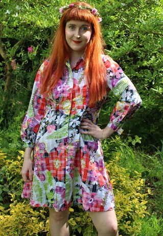 VINTAGE 80S WHITE PINK RED GREEN FLORAL STRIPY SUMMER DRESS