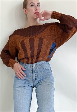 Vintage 80s Drop Shoulder Prolonged Brown Knitted Jumper M