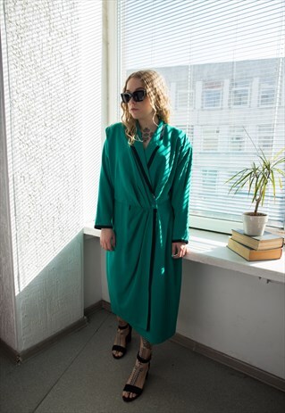 VINTAGE 80'S GREEN MIDI LONG SLEEVED WRAP STYLE DRESS