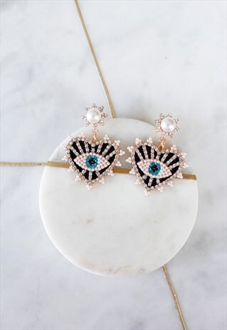 GOLD DIAMANTE PEARL HEART EVIL EYE BLACK RHINESTONE EARRINGS