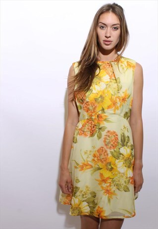 VINTAGE 1960'S 60'S YELLOW FLORAL PRINT MINI DRESS L-XL