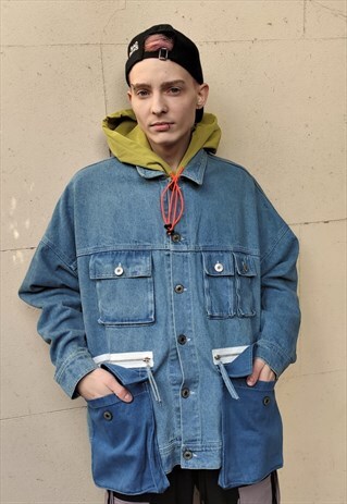 LOOSE FIT OVERSIZE CARGO POCKET DISTRESSED DENIM JACKET