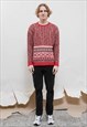 VINTAGE 80S NORDIC RED CABLE KNIT BOXY KNIT JUMPER MEN M