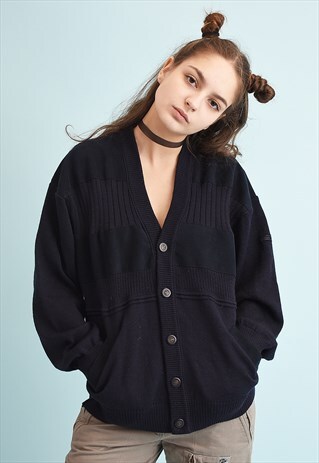 90'S RETRO FAUX SUEDE DETAILED KNIT NAVY BLUE CARDIGAN
