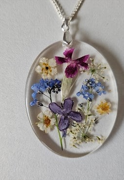 Dried flower resin oval necklace with 925 silver chain