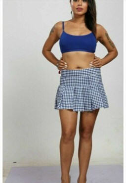 Royal Blue Checks Pleated High Waist Plaid Mini Skirt