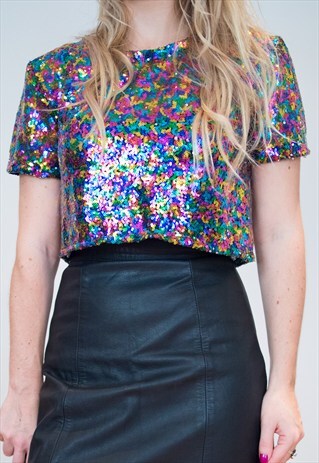 RAINBOW SEQUIN CROP TEE