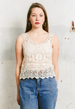 VINTAGE 70S DROP ARMHOLE CROCHET LACE TOP