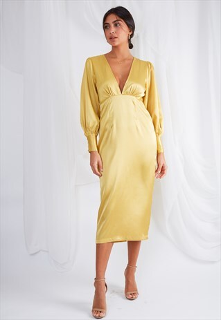 TATUM PLUNGE MIDI DRESS - YELLOW