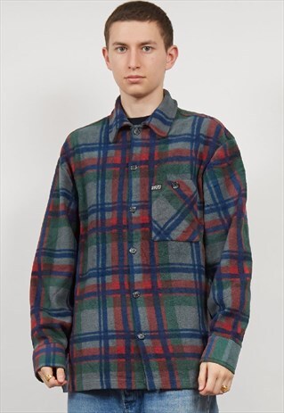 VINTAGE 80'S TARTAN FLEECE WORKER SHIRT JACKET