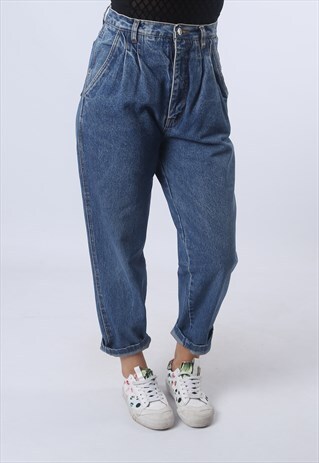 HIGH WAISTED DENIM JEANS TAPERED LEG VINTAGE UK 10 (E9EB)