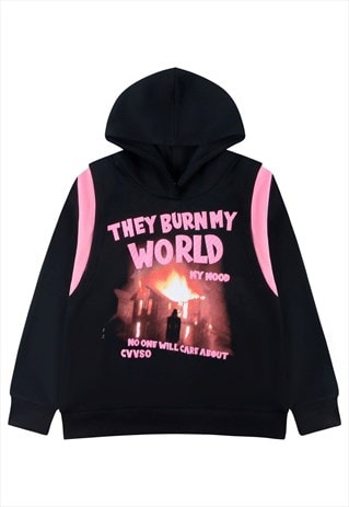 URBAN PRINT HOODIE FLAME PULLOVER BURNING JUMPER IN BLACK