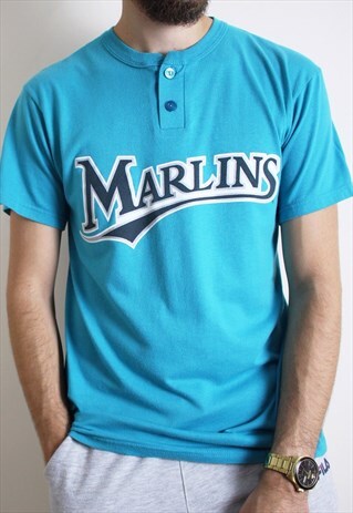 VINTAGE FLORIDA MARLINS BLUE BASEBALL T-SHIRT MLB MAJESTIC