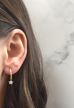 Celeste: Gold Pave Dangle Star Charm Huggie Hoop Earrings