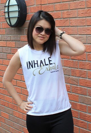 INHALE & EXHALE AIRTEX MESH VEST TOP WHITE GYM YOGA FITNESS
