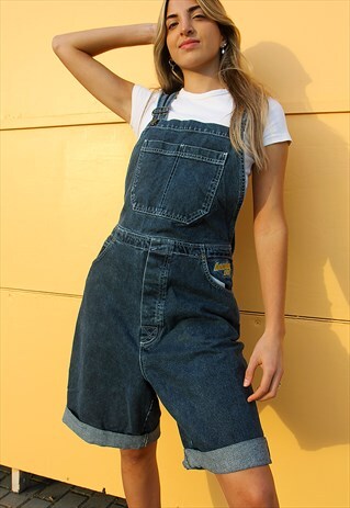 Vintage Dark Blue Long Overall Dungaree Shorts