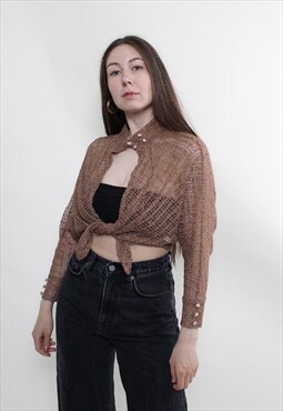 Vintage 90s grid blouse, knitted button up see through 