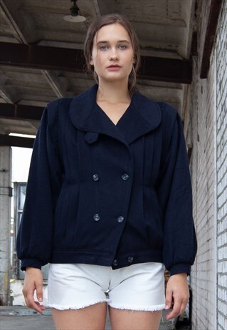 WOMENS VINTAGE RETRO NAVY SUPER WARM WOOL WINTER JACKET