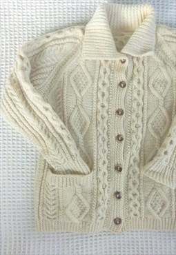 Pure Wool Beige Knit Chunky Button Up Cardigan
