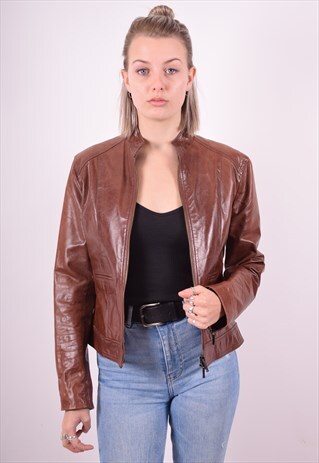 WOMENS VINTAGE LEATHER JACKET MEDIUM BROWN 90'S