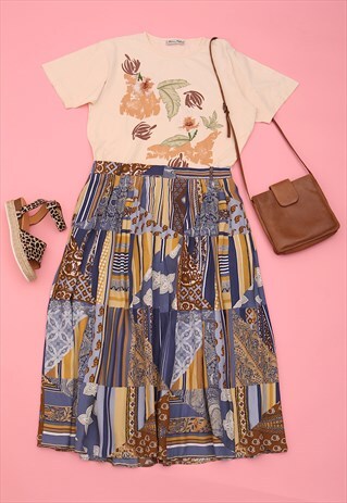 80S MIDI SKIRT FLORAL AND PAISLEY PRINT