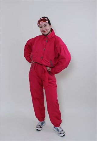 ONE PIECE SKI SUIT, RETRO PINK SNOWSUIT WOMEN LARGE SIZE 90S