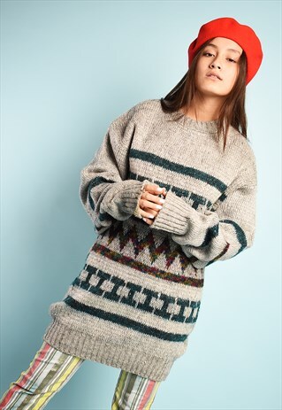 VINTAGE 70'S RETRO HANDKNITTED LONGLINE WOOL FESTIVE JUMPER