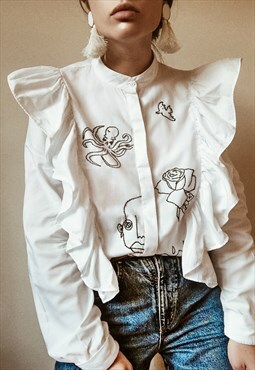 Hand embroidered white cowboy shirt with ruffles