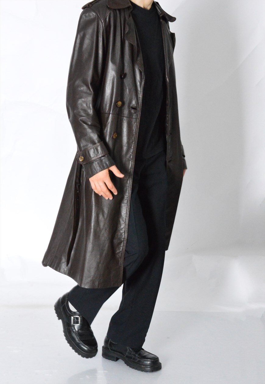 dark brown leather trench coat