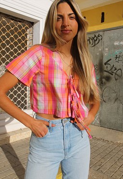 Tie Front Blouse in Pink Check