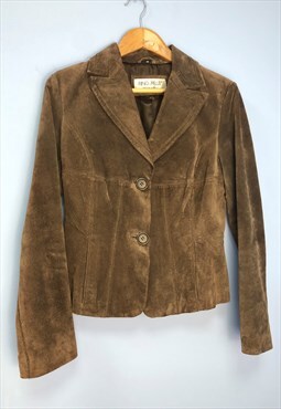 Vintage Suede Leather Jacket Brown Button 