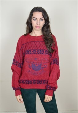 90s Vintage Patterned Red Knitted Jumper