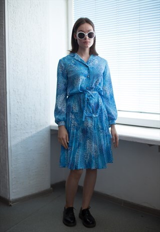 VINTAGE 80'S BLUE PATTERNED PLEATED BOTTOM DRESS