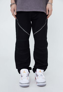 Zip jeans stripes patch denim wide jean pants in black