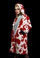 COW PRINT FAUX FUR LONG COAT HOODED SPOT PRINT TRENCH JACKET