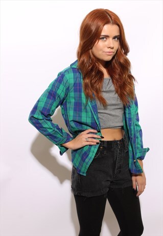 VINTAGE 1990'S 90'S BLUE GREEN PLAID BUTTON DOWN SHIRT XS-S