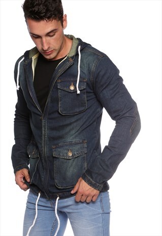 STRETCHABLE UTILITY POCKET HOODED MID BLUE DENIM JACKET