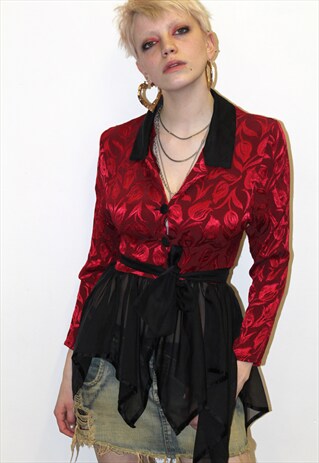 90S VINTAGE RED JACKET PRINT FLORAL RUFFLES RED PARTY TOP