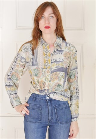 80S SILK FUNKY PATTERN BLOUSE SHIRT