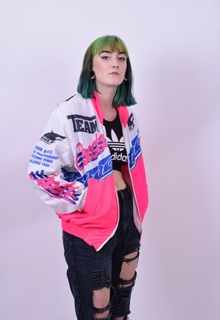 VINTAGE 80'S NEON PINK & WHITE SPEEDWAY BOMBER JACKET MEDIUM
