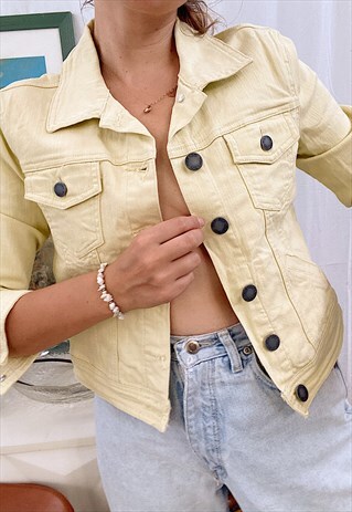 VINTAGE Y2K 00S RETRO PASTEL YELLOW DENIM JEAN JACKET