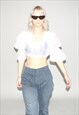 VINTAGE 90S STRETCHY FLARE SLEEVE CROP TOP IN WHITE