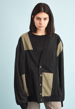 90'S RETRO FAUX SUEDE DETAILED KNIT DADS OVERSIZED CARDIGAN