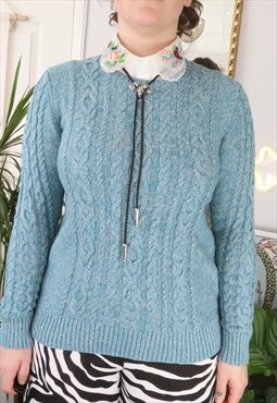 Vintage 90s Blue Cable Aran Fisherman Knit Jumper Sweater