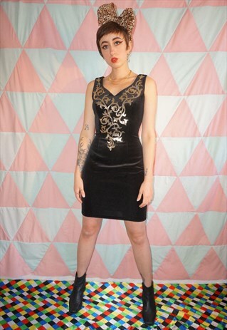 VINTAGE 80S BLACK / GOLD VELVET EVENING MINI DRESS