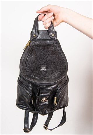 VINTAGE 90'S FAUX LEATHER BLACK RUCKSACK BACKPACK