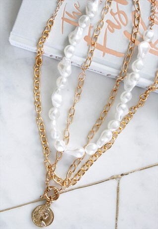 GOLD COIN FAUX PEARL MULTI LAYER LAYERED NECKLACE