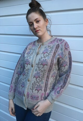 WOMENS VINTAGE 80S CARDIGAN WOOLLY FLORAL PATTERNED JUMPER