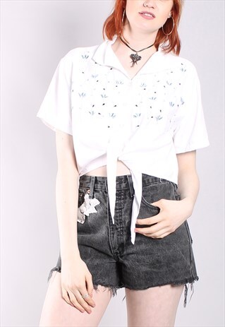 VINTAGE 80S FLORAL EMBROIDERED TIE UP CROP TOP